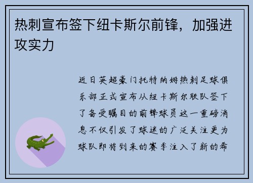 热刺宣布签下纽卡斯尔前锋，加强进攻实力
