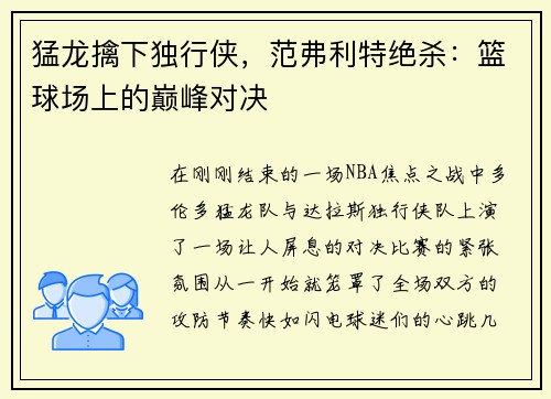 猛龙擒下独行侠，范弗利特绝杀：篮球场上的巅峰对决